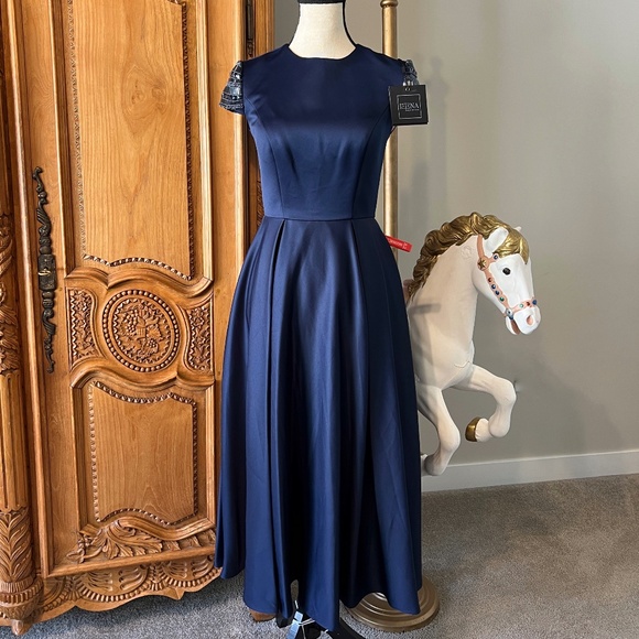 NWT Mac Duggal [2] 55699 High Neck Cap Sleeve Tea Length Dress Navy A-line - Picture 1 of 12
